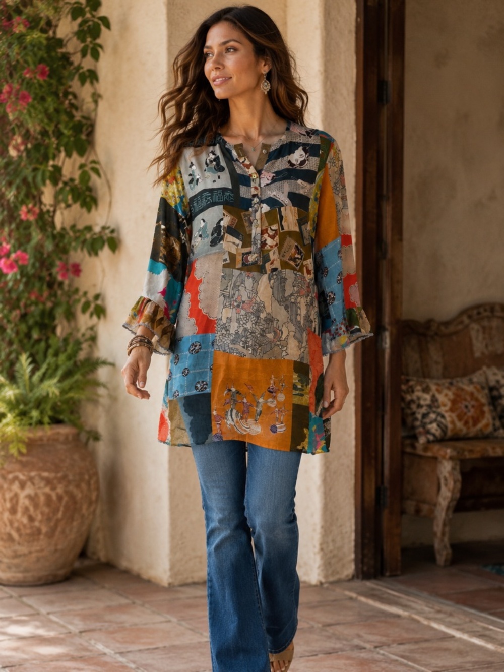 Johnny Was Vera Patchwork Art Tunic NWT XXS Cupra Rayon Boho